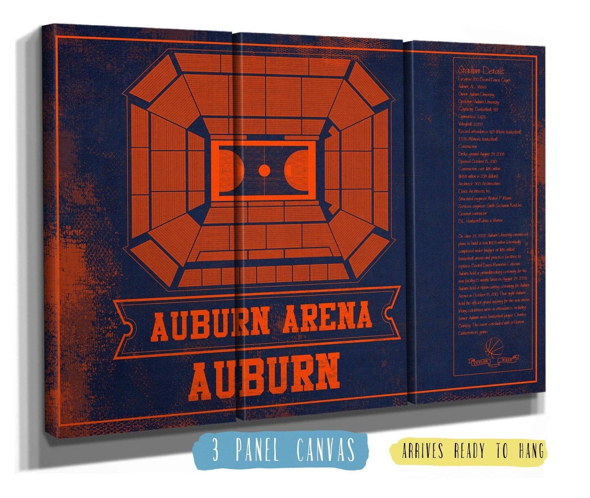 Cutler West Basketball Collection 48" x 32" / 3 Panel Canvas Wrap Auburn Tigers Team Color Auburn Arena Vintage Stadium Blueprint 933350230_82948