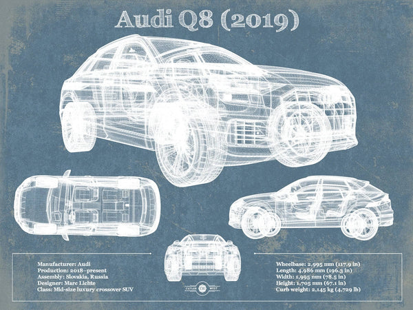 14" x 11" / Unframed Cutler West Audi Q8 (2019) Blueprint Vintage Auto Print