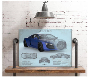 Cutler West Audi R8 Blue Vintage Blueprint Auto Print
