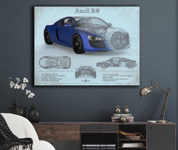 Cutler West Audi R8 Blue Vintage Blueprint Auto Print