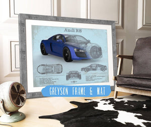 14" x 11" / Greyson Frame & Mat Cutler West Audi R8 Blue Vintage Blueprint Auto Print