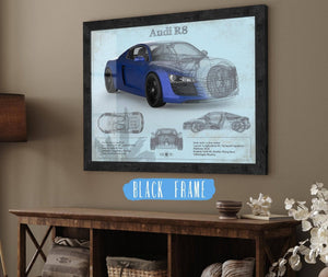 20" x 16" / Black Frame Cutler West Audi R8 Blue Vintage Blueprint Auto Print