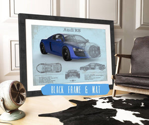 20" x 16" / Black Frame & Mat Cutler West Audi R8 Blue Vintage Blueprint Auto Print