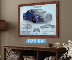20" x 16" / Walnut Frame Cutler West Audi R8 Blue Vintage Blueprint Auto Print