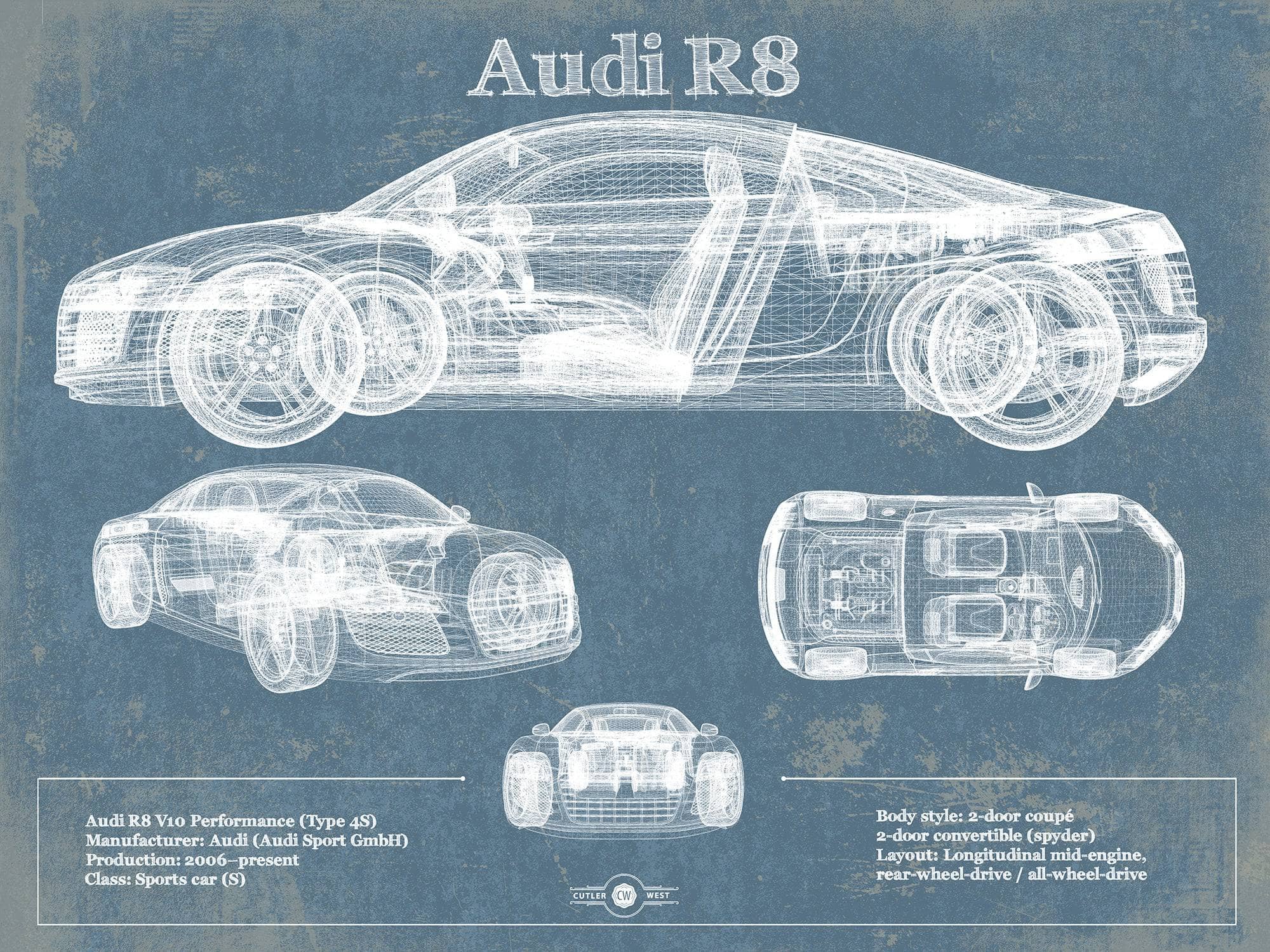Poster - Audi R8 V10 Blueprint, Retro Modern Patent, 3 Sizes