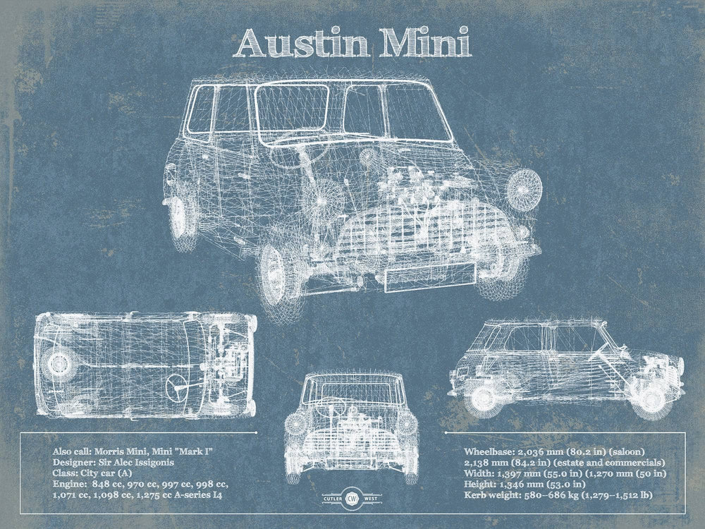 14" x 11" / Stretched Canvas Wrap Cutler West Austin Mini Blueprint Vintage Auto Print
