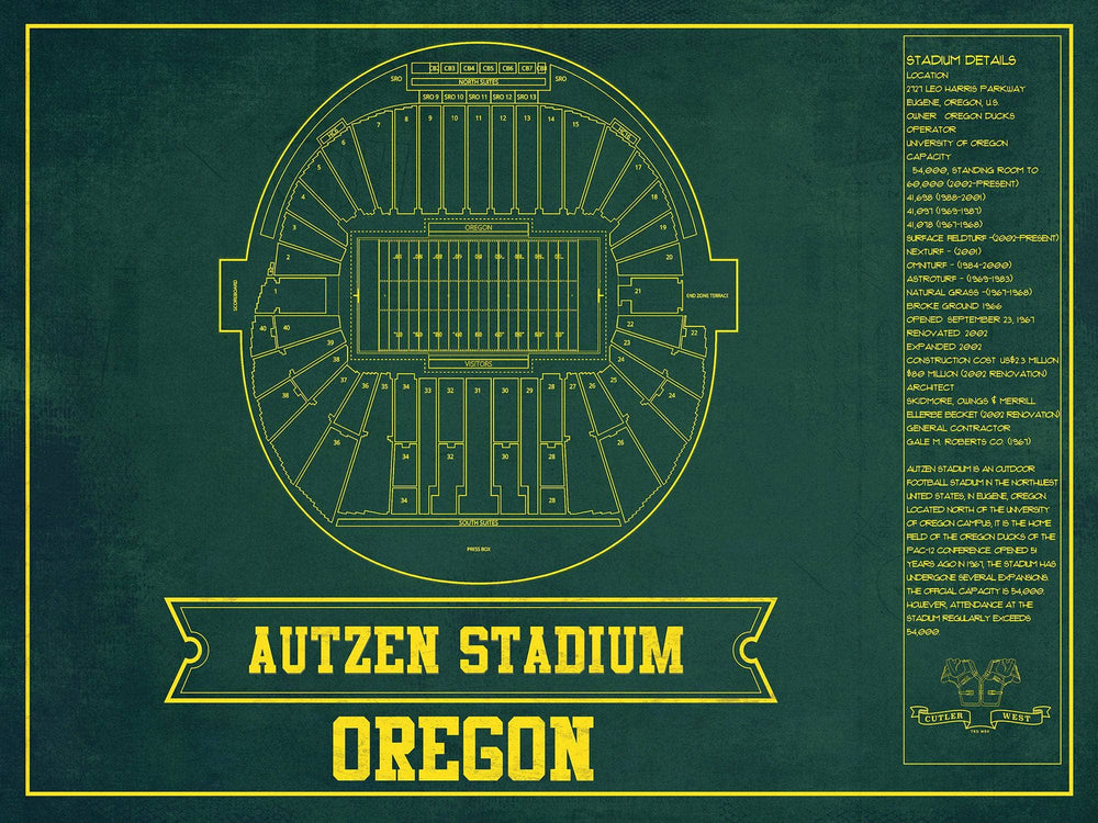 14" x 11" / Stretched Canvas Wrap Cutler West Autzen Stadium Blueprint Team Color Art Chart - Oregon Ducks Football Fan Print