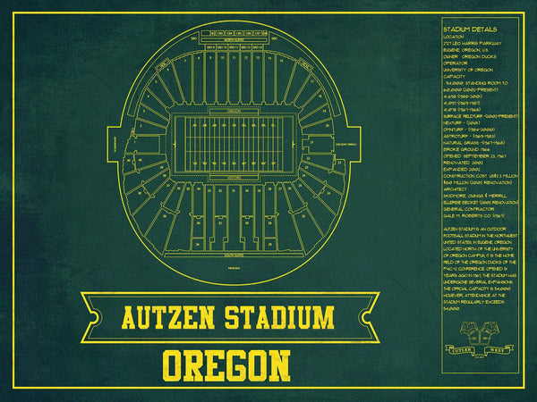 14" x 11" / Unframed Cutler West Autzen Stadium Blueprint Team Color Art Chart - Oregon Ducks Football Fan Print
