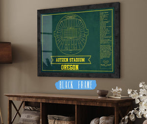 20" x 16" / Black Frame Cutler West Autzen Stadium Blueprint Team Color Art Chart - Oregon Ducks Football Fan Print
