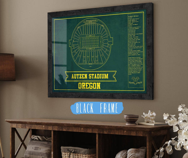 20" x 16" / Black Frame Cutler West Autzen Stadium Blueprint Team Color Art Chart - Oregon Ducks Football Fan Print