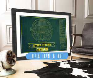 20" x 16" / Black Frame & Mat Cutler West Autzen Stadium Blueprint Team Color Art Chart - Oregon Ducks Football Fan Print