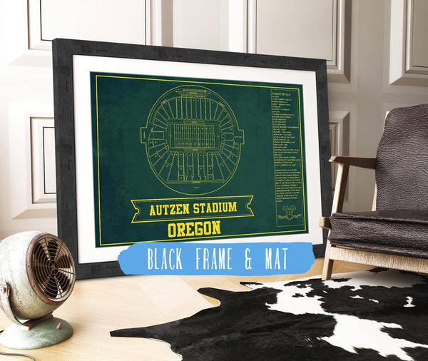 20" x 16" / Black Frame & Mat Cutler West Autzen Stadium Blueprint Team Color Art Chart - Oregon Ducks Football Fan Print