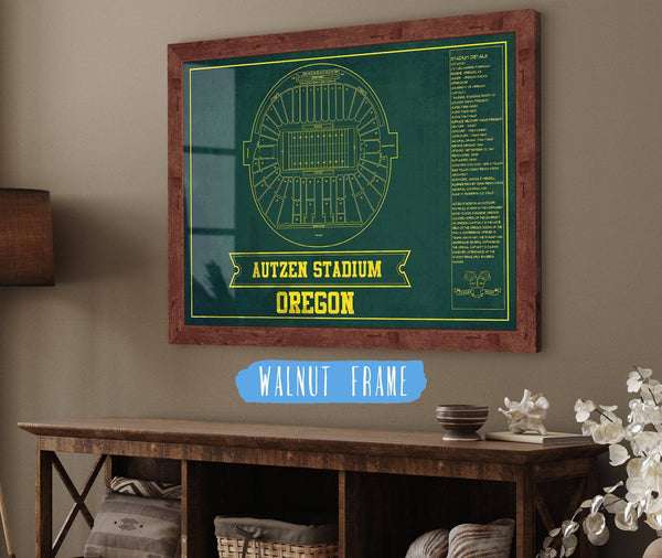 20" x 16" / Walnut Frame Cutler West Autzen Stadium Blueprint Team Color Art Chart - Oregon Ducks Football Fan Print