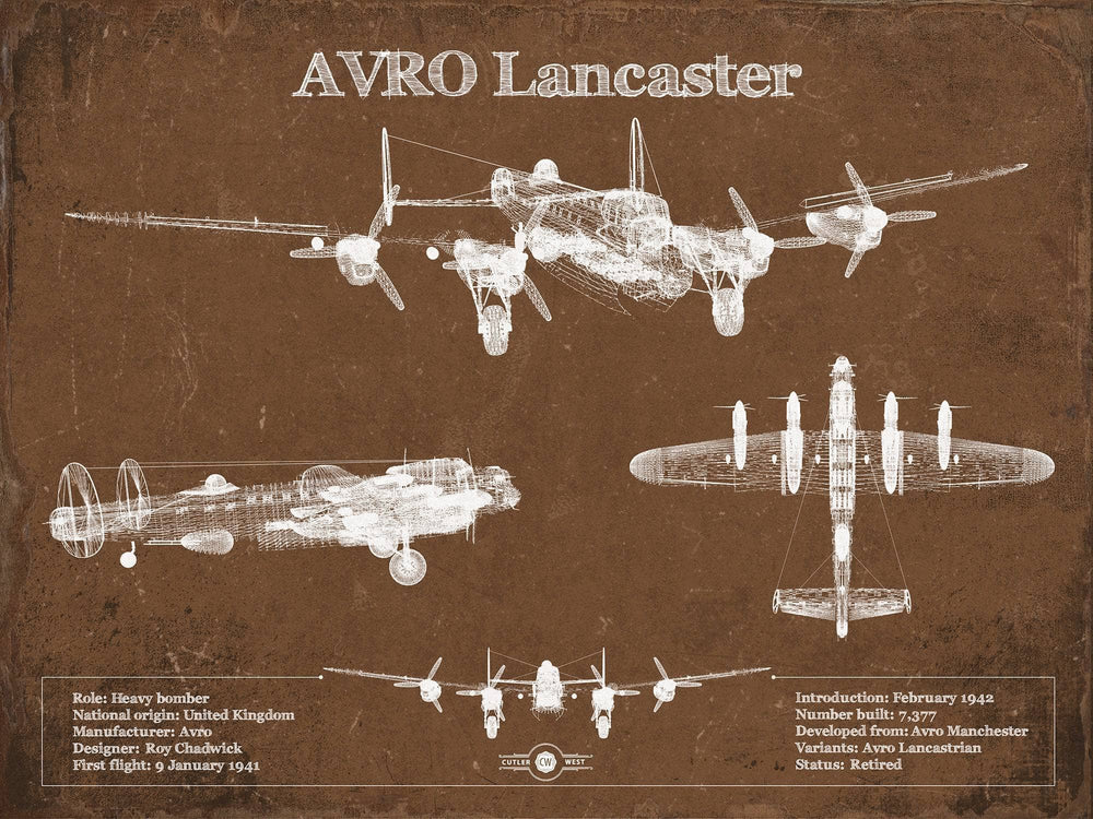 14" x 11" / Stretched Canvas Wrap Cutler West AVRO Lancaster UK Heavy Bomber Blueprint Original Military Wall Art