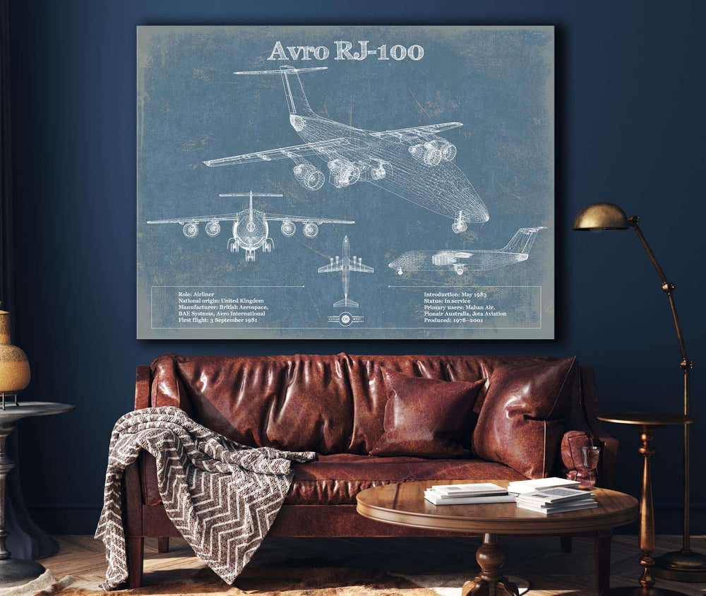 14" x 11" / Stretched Canvas Wrap Cutler West Avro RJ-100 British Aerospace 146 Vintage Aviation Blueprint Print