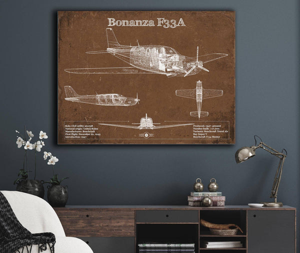Cutler West Beechcraft Bonanza F33A Vintage Blueprint Airplane Print