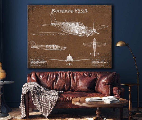 Cutler West Beechcraft Bonanza F33A Vintage Blueprint Airplane Print