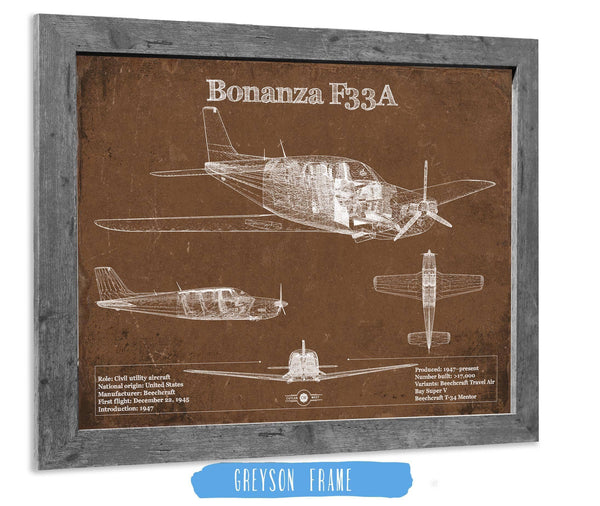 14" x 11" / Greyson Frame Cutler West Beechcraft Bonanza F33A Vintage Blueprint Airplane Print
