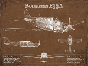 14" x 11" / Unframed Cutler West Beechcraft Bonanza F33A Vintage Blueprint Airplane Print