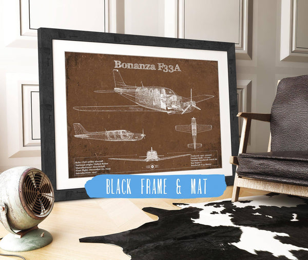 20" x 16" / Black Frame & Mat Cutler West Beechcraft Bonanza F33A Vintage Blueprint Airplane Print