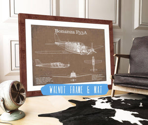 20" x 16" / Walnut Frame & Mat Cutler West Beechcraft Bonanza F33A Vintage Blueprint Airplane Print