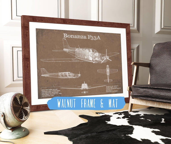 20" x 16" / Walnut Frame & Mat Cutler West Beechcraft Bonanza F33A Vintage Blueprint Airplane Print
