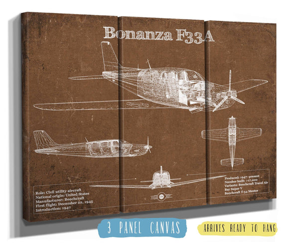 36" x 24" / 3 Panel Canvas Wrap Cutler West Beechcraft Bonanza F33A Vintage Blueprint Airplane Print