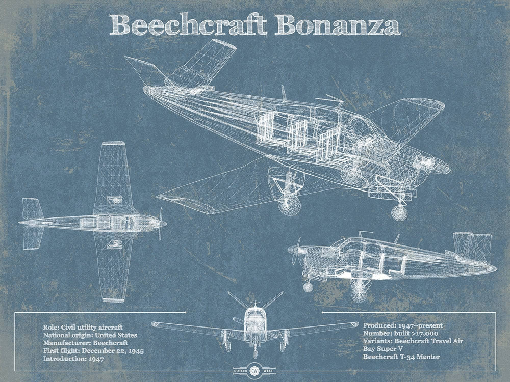 14" x 11" / Stretched Canvas Wrap Cutler West Beechcraft Bonanza Vintage Blueprint Airplane Print