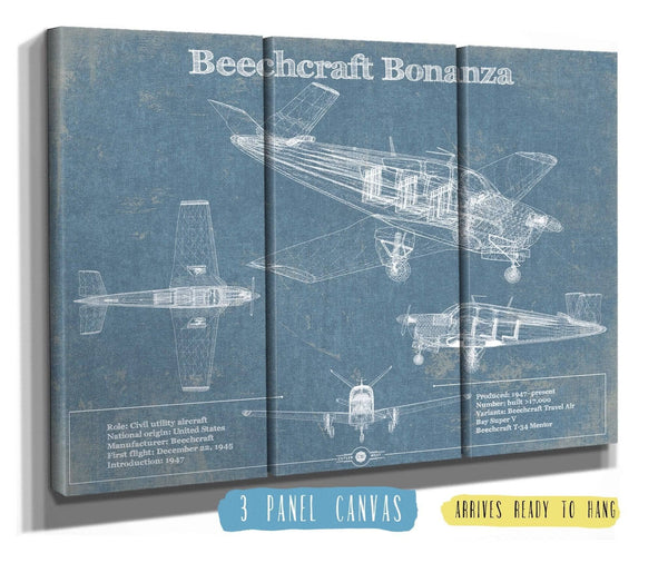 36" x 24" / 3 Panel Canvas Wrap Cutler West Beechcraft Bonanza Vintage Blueprint Airplane Print