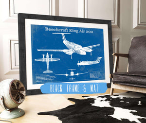 20" x 16" / Black Frame & Mat Cutler West Beechcraft Super King Air Model 200 and 300 Series Vintage Blueprint Airplane Print
