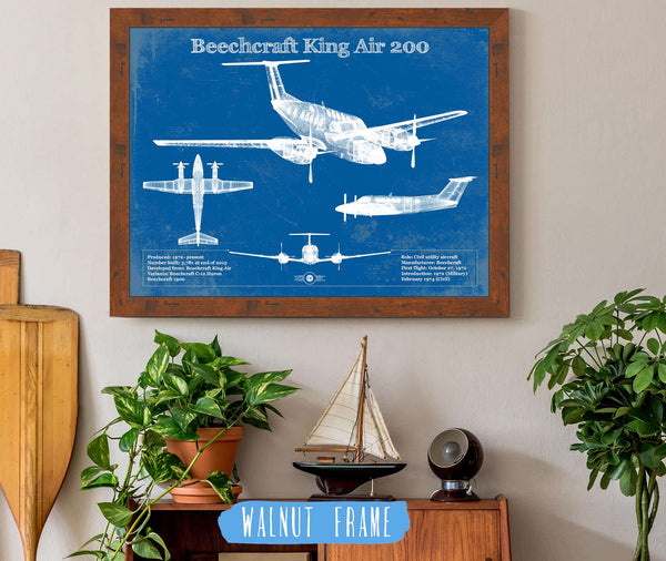 20" x 16" / Walnut Frame Cutler West Beechcraft Super King Air Model 200 and 300 Series Vintage Blueprint Airplane Print