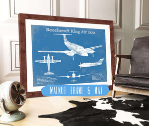 20" x 16" / Walnut Frame & Mat Cutler West Beechcraft Super King Air Model 200 and 300 Series Vintage Blueprint Airplane Print