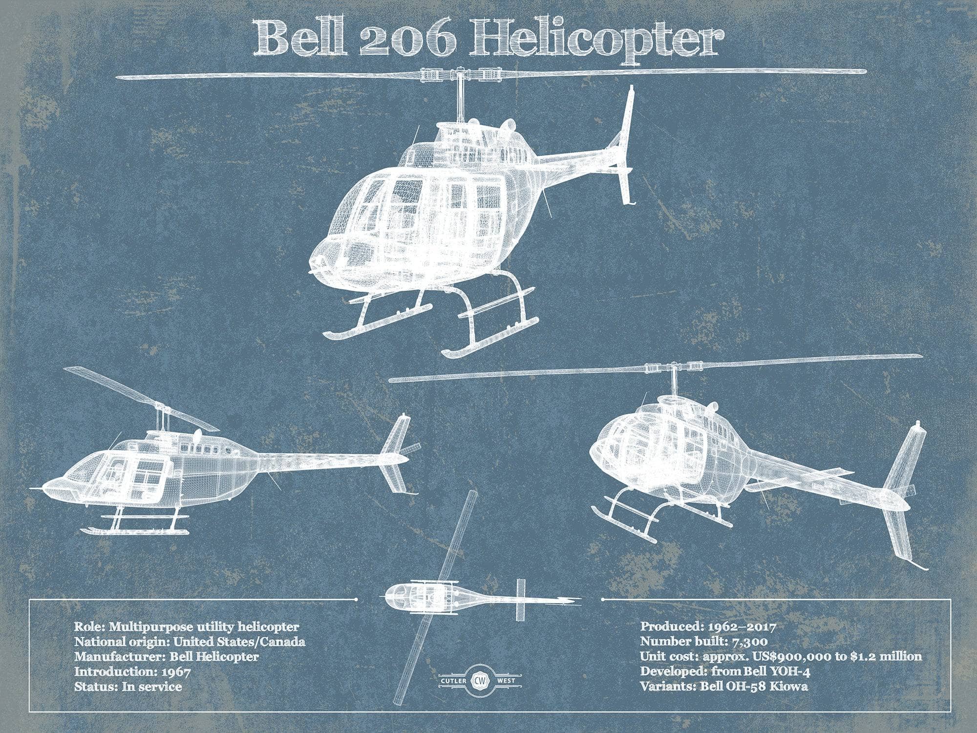 Bell 206 JetRanger/LongRanger Vintage Blueprint Helicopter Art by