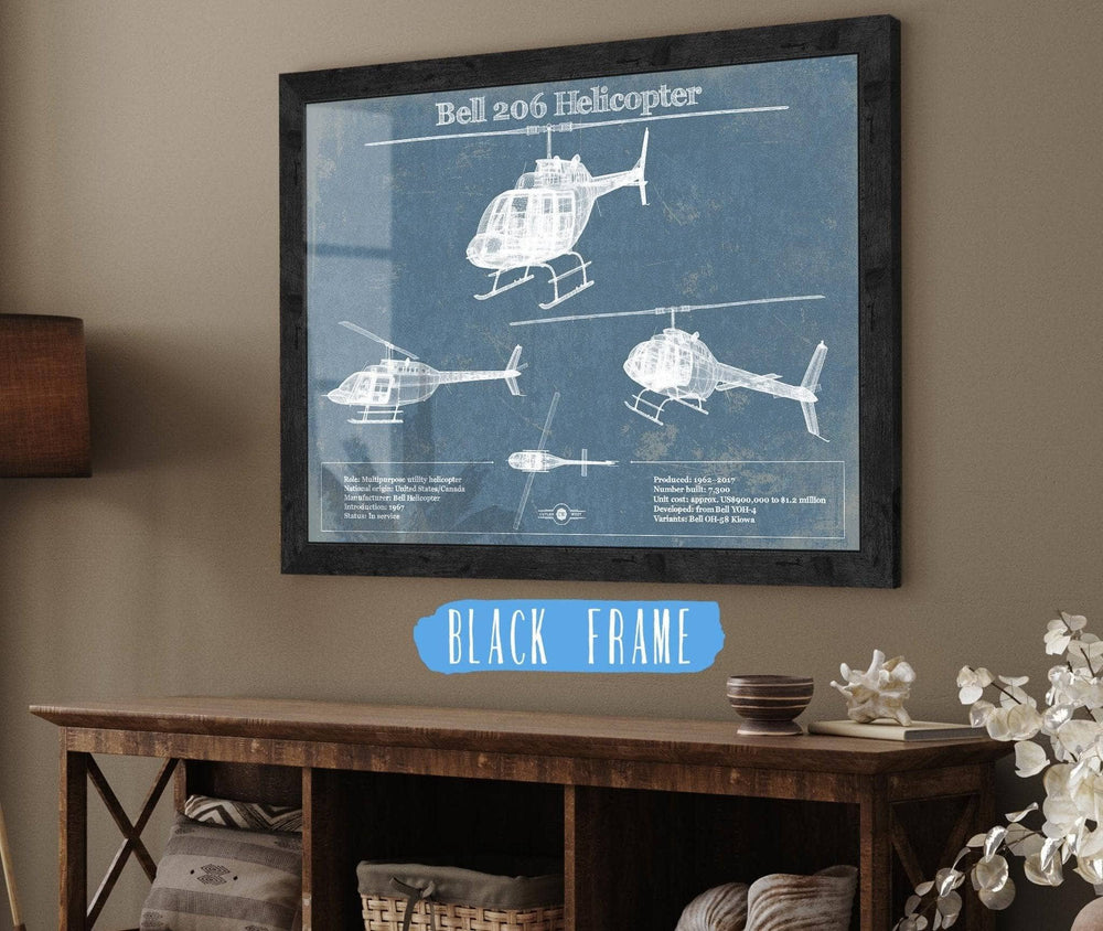 14" x 11" / Stretched Canvas Wrap Cutler West Bell 206 JetRanger/LongRanger Vintage Blueprint Helicopter Print