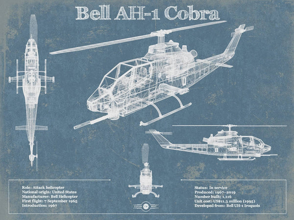 14" x 11" / Unframed Cutler West Bell AH-1 HueyCobra/Cobra Vintage Original Blueprint Military Print