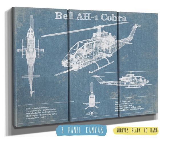 36" x 24" / 3 Panel Canvas Wrap Cutler West Bell AH-1 HueyCobra/Cobra Vintage Original Blueprint Military Print