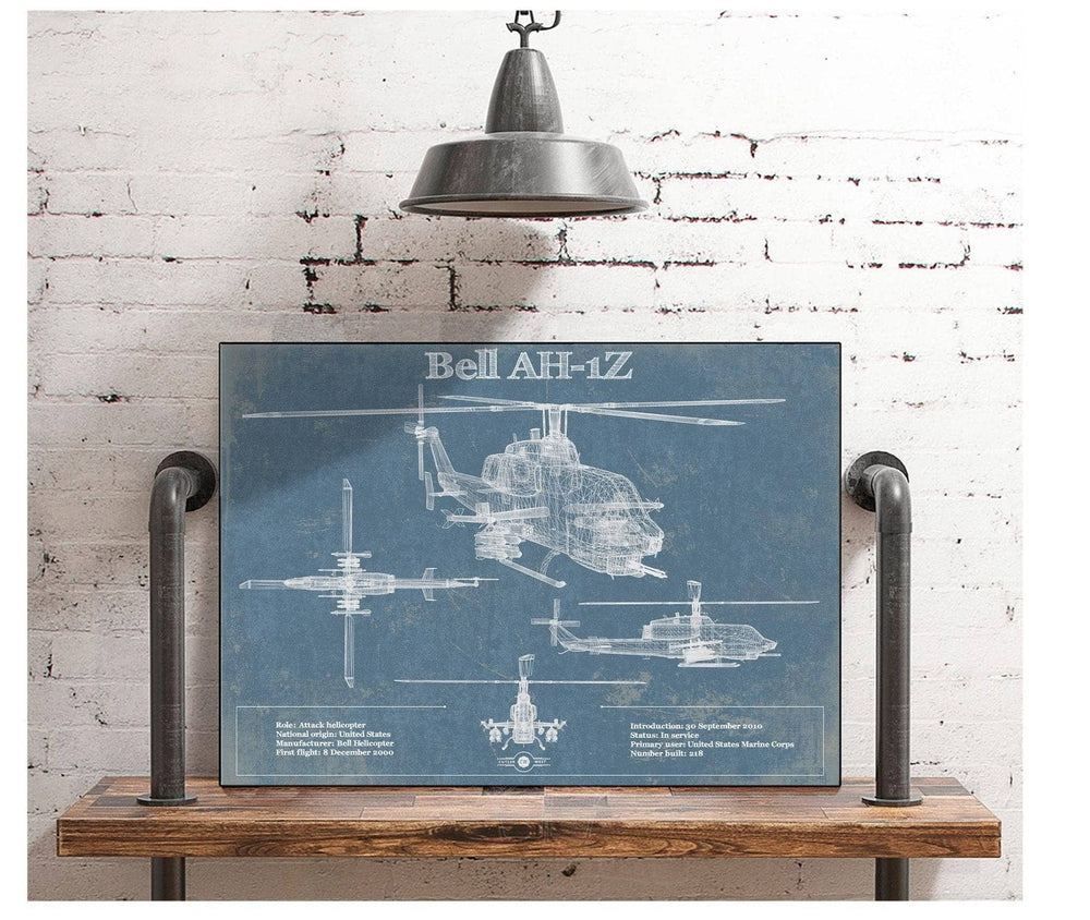 14" x 11" / Stretched Canvas Wrap Cutler West Bell AH-1Z Viper Vintage Original Blueprint Military Print