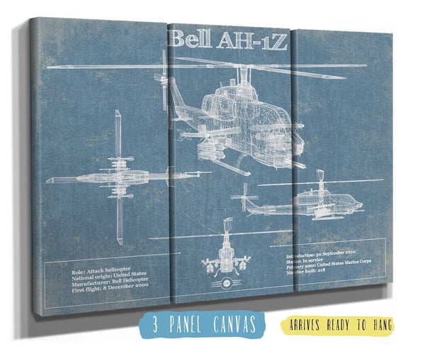 36" x 24" / 3 Panel Canvas Wrap Cutler West Bell AH-1Z Viper Vintage Original Blueprint Military Print