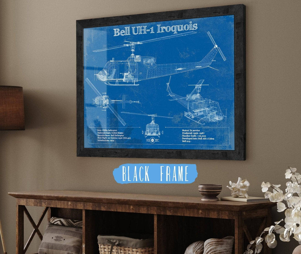 14" x 11" / Stretched Canvas Wrap Cutler West Bell UH-1 Iroquois (Huey) Vintage Blueprint Helicopter Print