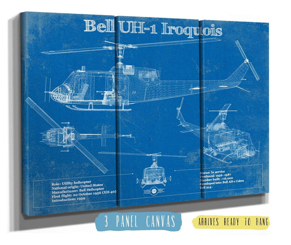 36" x 24" / 3 Panel Canvas Wrap Cutler West Bell UH-1 Iroquois (Huey) Vintage Blueprint Helicopter Print