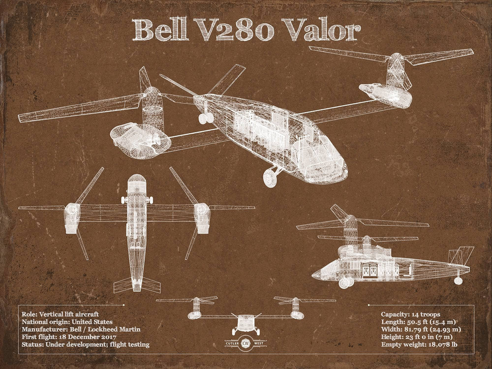 14" x 11" / Stretched Canvas Wrap Cutler West Bell V280 Valor Future Vertical Lift Vintage Blueprint