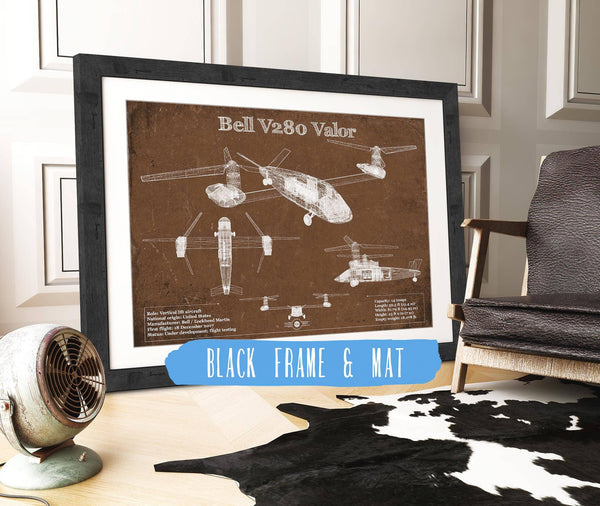 20" x 16" / Black Frame & Mat Cutler West Bell V280 Valor Future Vertical Lift Vintage Blueprint