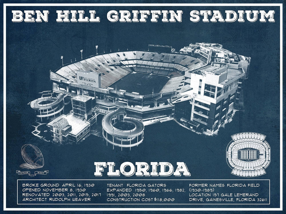 14" x 11" / Stretched Canvas Wrap Cutler West Ben Hill Griffin Stadium Art - University of Florida Gators Vintage Stadium Art Print