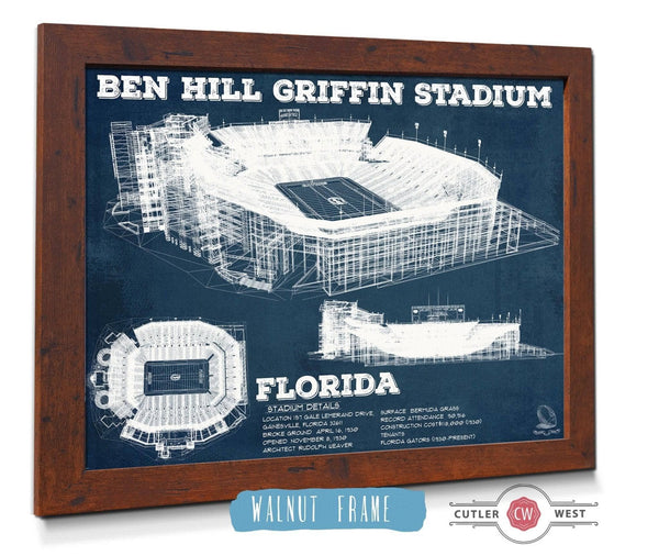 Cutler West Ben Hill Griffin Stadium Art - University of Florida Gators Vintage Stadium & Blueprint Art Print