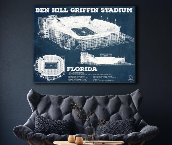 Cutler West Ben Hill Griffin Stadium Art - University of Florida Gators Vintage Stadium & Blueprint Art Print
