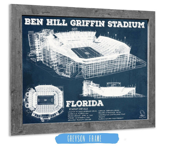14" x 11" / Greyson Frame Cutler West Ben Hill Griffin Stadium Art - University of Florida Gators Vintage Stadium & Blueprint Art Print