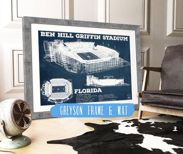 14" x 11" / Greyson Frame & Mat Cutler West Ben Hill Griffin Stadium Art - University of Florida Gators Vintage Stadium & Blueprint Art Print