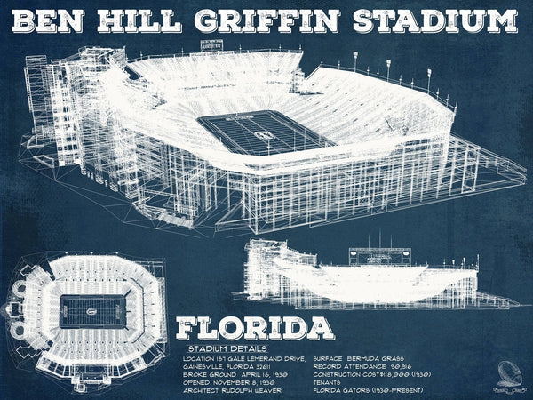 14" x 11" / Unframed Cutler West Ben Hill Griffin Stadium Art - University of Florida Gators Vintage Stadium & Blueprint Art Print