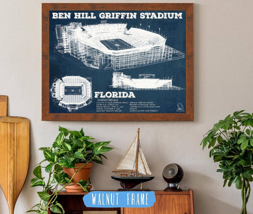 20" x 16" / Walnut Frame Cutler West Ben Hill Griffin Stadium Art - University of Florida Gators Vintage Stadium & Blueprint Art Print