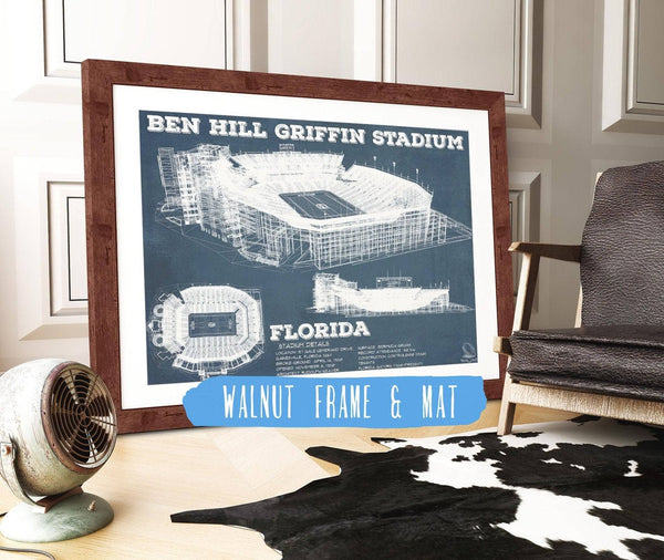 20" x 16" / Walnut Frame & Mat Cutler West Ben Hill Griffin Stadium Art - University of Florida Gators Vintage Stadium & Blueprint Art Print